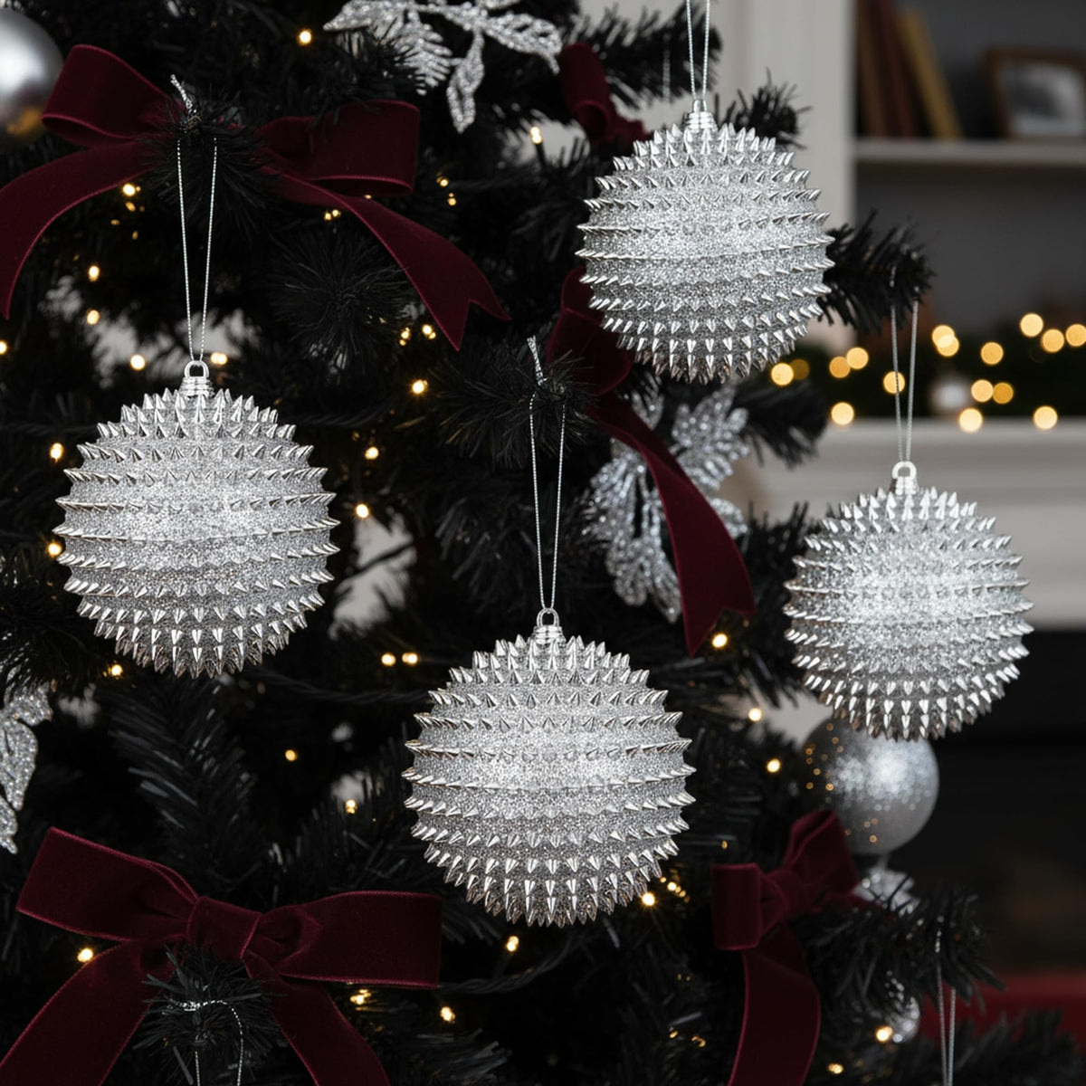 Spiked Glitter Christmas Ornaments, 4PCS 4.33" Handcrafted Cone Stud Ball Decorations in Punk Rock Gothic & Modern Glam Style, Shatterproof Christmas Tree and Holiday Decor for Home Party or Gift
