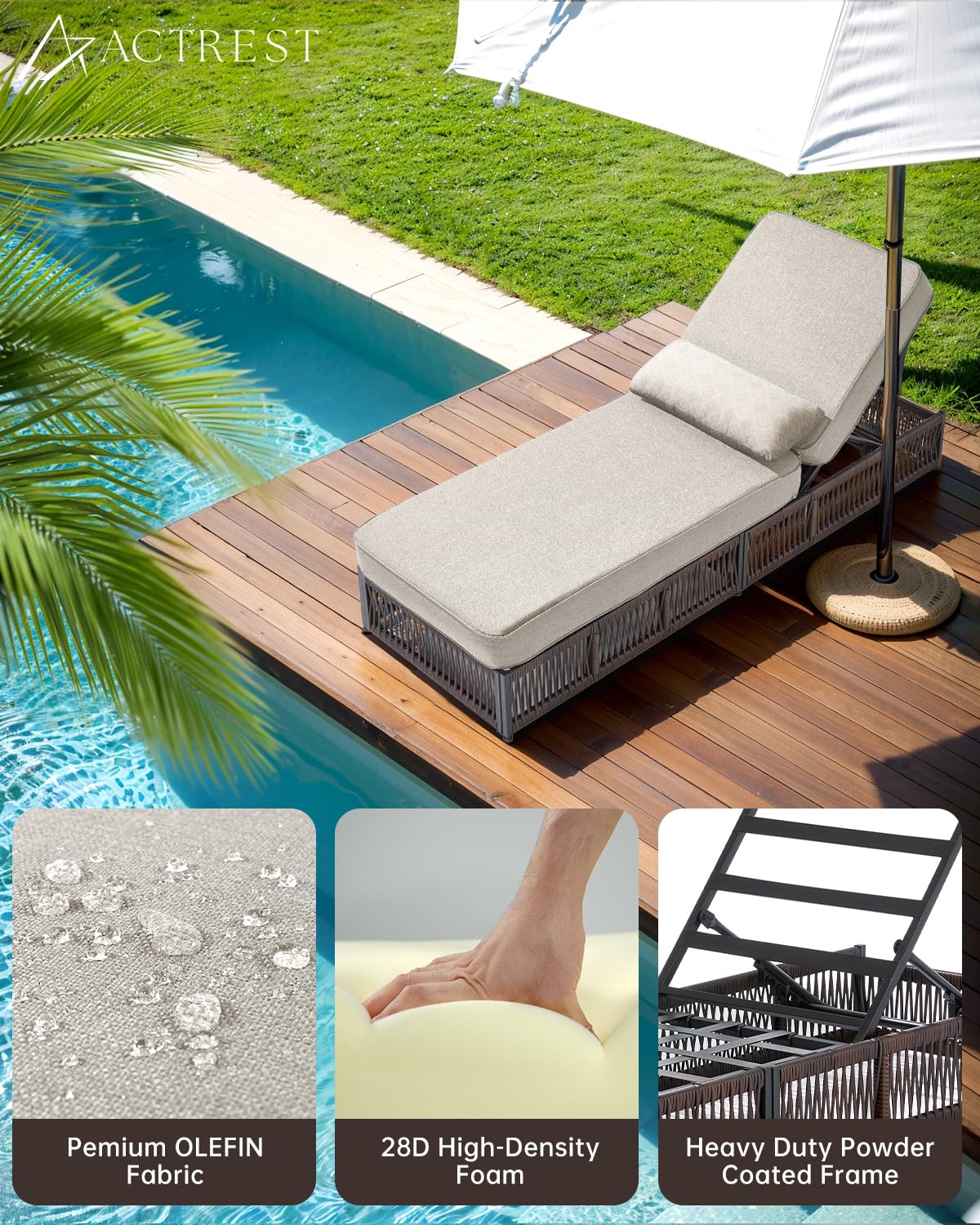 ACTREST Luxury 2PCS Outdoor Chaise Lounge and Side Table Set with 5 Inch Thick Cushions - High Back Brown Wicker Patio Recliners Chairs Lounger for Poolside Pool Porch Garden Sunbathing - Beige