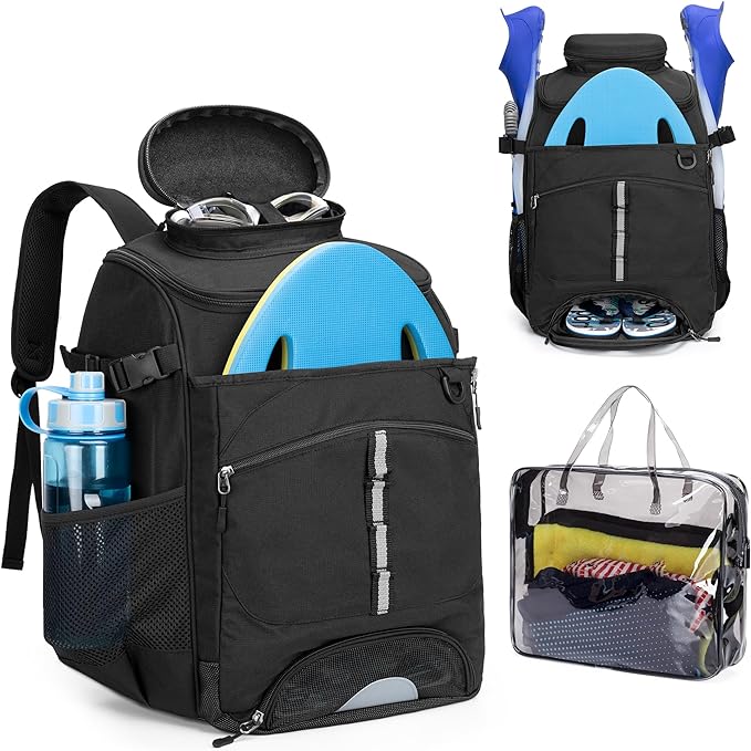 Swim Backpack for Swimmers, Swim Equipment Bag with Additional PVC Transparent Bag for Workout Gear, Swimming Backpack for Swimming, Pool, Beach and Gym, Black