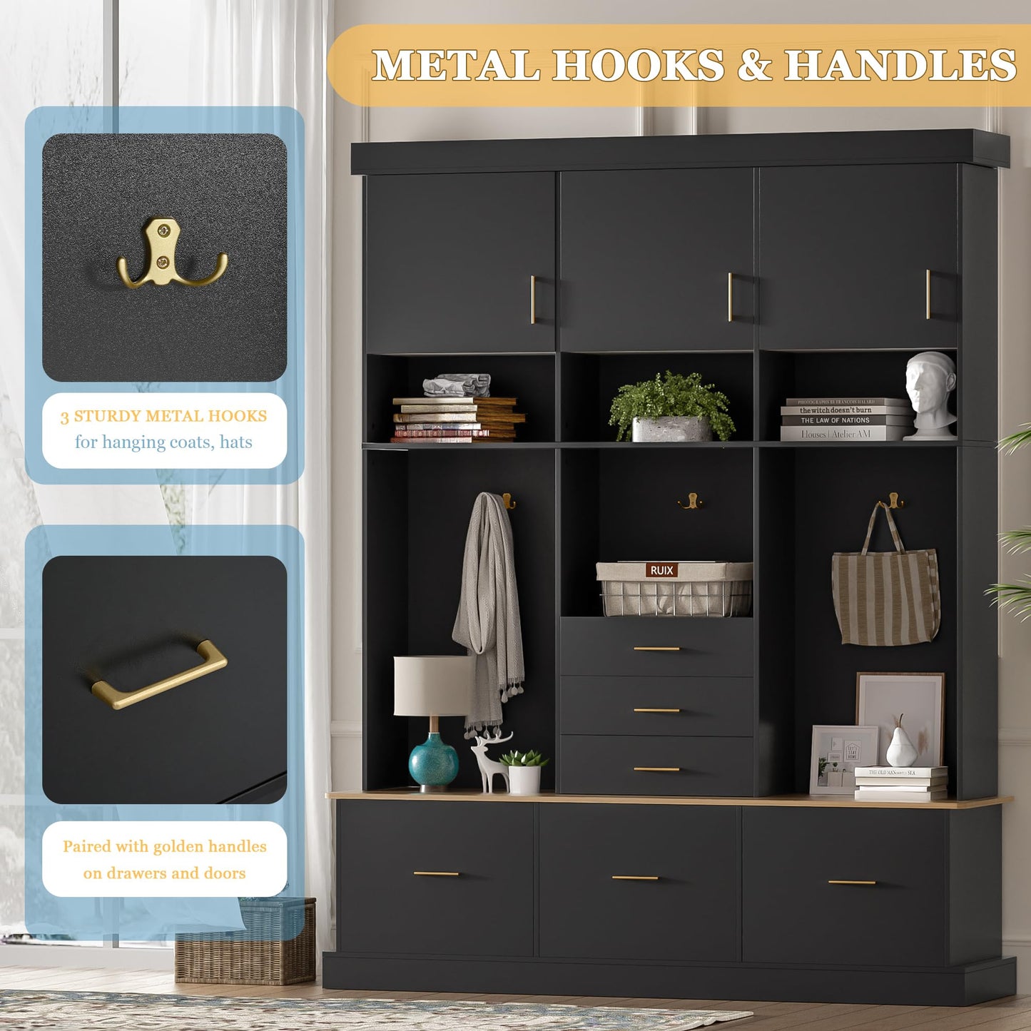 Merax 5-in-1 Hall Tree with Bench and Storage, Modern with Coat Rack, 6 Drawers, 3 Cabinets and 3-Tier Top Storage for Hallway, Entryway, Living Room, Black