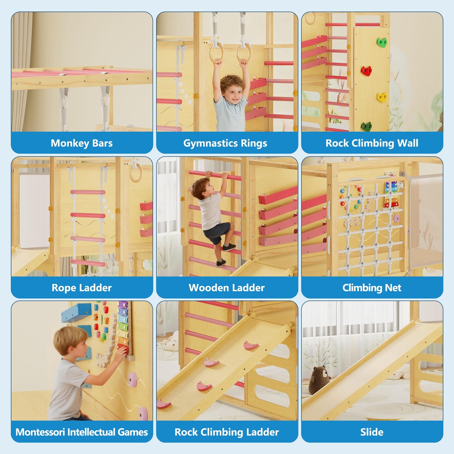 Garvee 9-in-1 Indoor Jungle Gym, Montessori Wooden Indoor Playground for Kids 2-8, Wooden Climbing Structure with Slide, Monkey Bars, Rope Ladder, Rock Wall, Climbing Net, Rings - Natural Wood Pink
