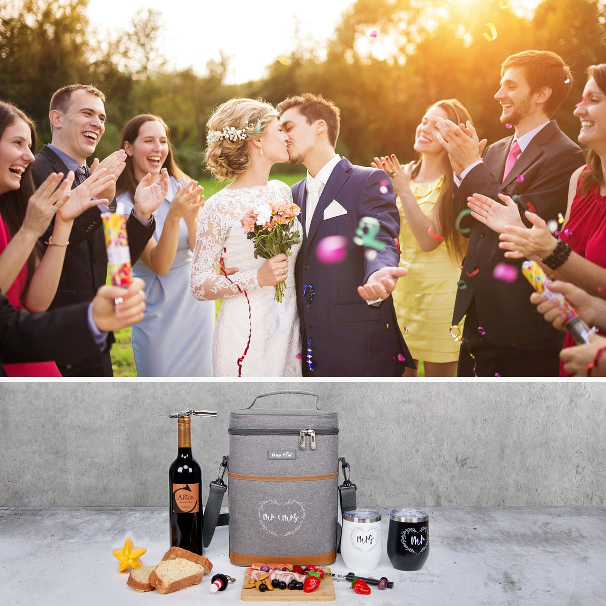 Hap Tim Wedding Gifts for Couples, Bridal Shower Gifts, Engagement Gifts for Newlyweds, Mr and Mrs gifts - Wine Cooler Bag Insulated Wine Carrier Tote with Tumblers, Bamboo Cheese Borad (13624-G2)
