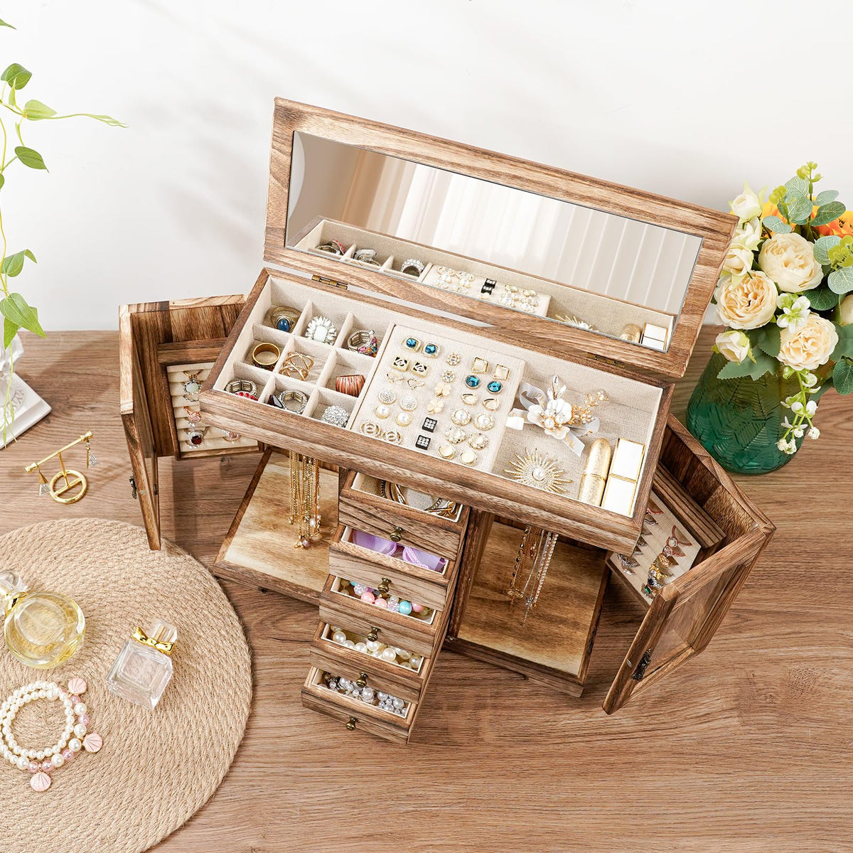 Miratino Jewelry Box for Women Girls, Rustic Wooden Jewelry Organizer Box with Mirror, 5 Layer Jewelry Storage Case Display for Necklaces Earrings Rings Bracelets Valentine's Day Gifts
