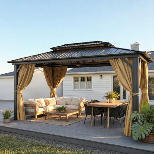 HOTEEL 10x15 Hardtop Gazebo with Flame-Retardant Curtain & Netting, Hot Tub Gazebo with Galvanized Steel Double Roof, Heavy Duty Permanent Pavilion Outdoor for Patio, Frame Thickened, Brown