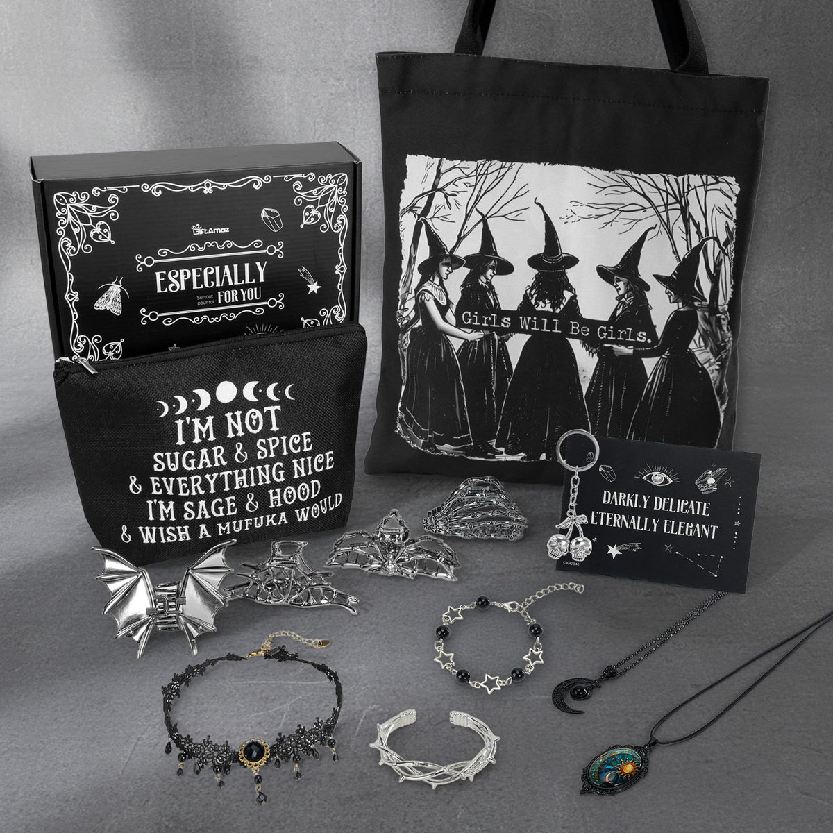 Giftamaz Gothic Gifts for Women - 12 PCS Witchy Gifts Goth Accessories with Hair Clips, Witch Canvas Tote Makeup Bag, Spooky Gifts Basket Witchy Skull Gift Box for Girls Teens Friend Gothic Lovers