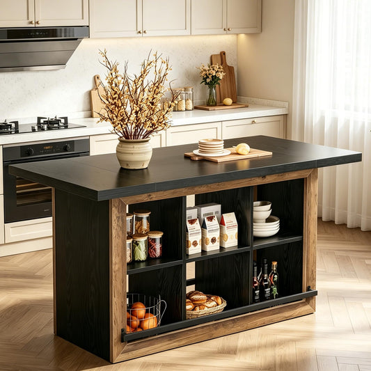 Tribesigns Kitchen Island with Storage, 62.6" Farmhouse Table with 6-Cubby Open Shelves & Metal Foot Rail, Butcher Block Style Counter Height Stationary Unit