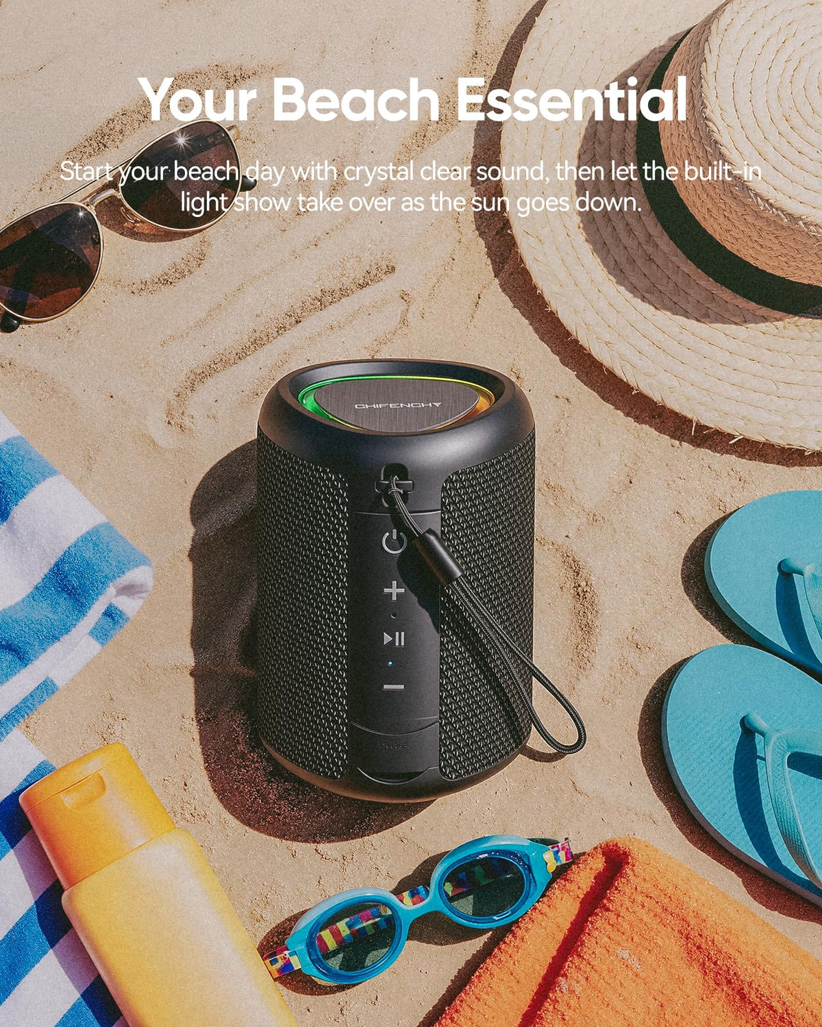 Portable Bluetooth Speaker Beach Vacation Essentials: Powerful Crystal Clear Sound/Dynamic Light/IPX5 Waterproof/All Day Playtime/BT 5.3/TWS Paring, Small Wireless Speaker for Outdoor|Travel|Camping