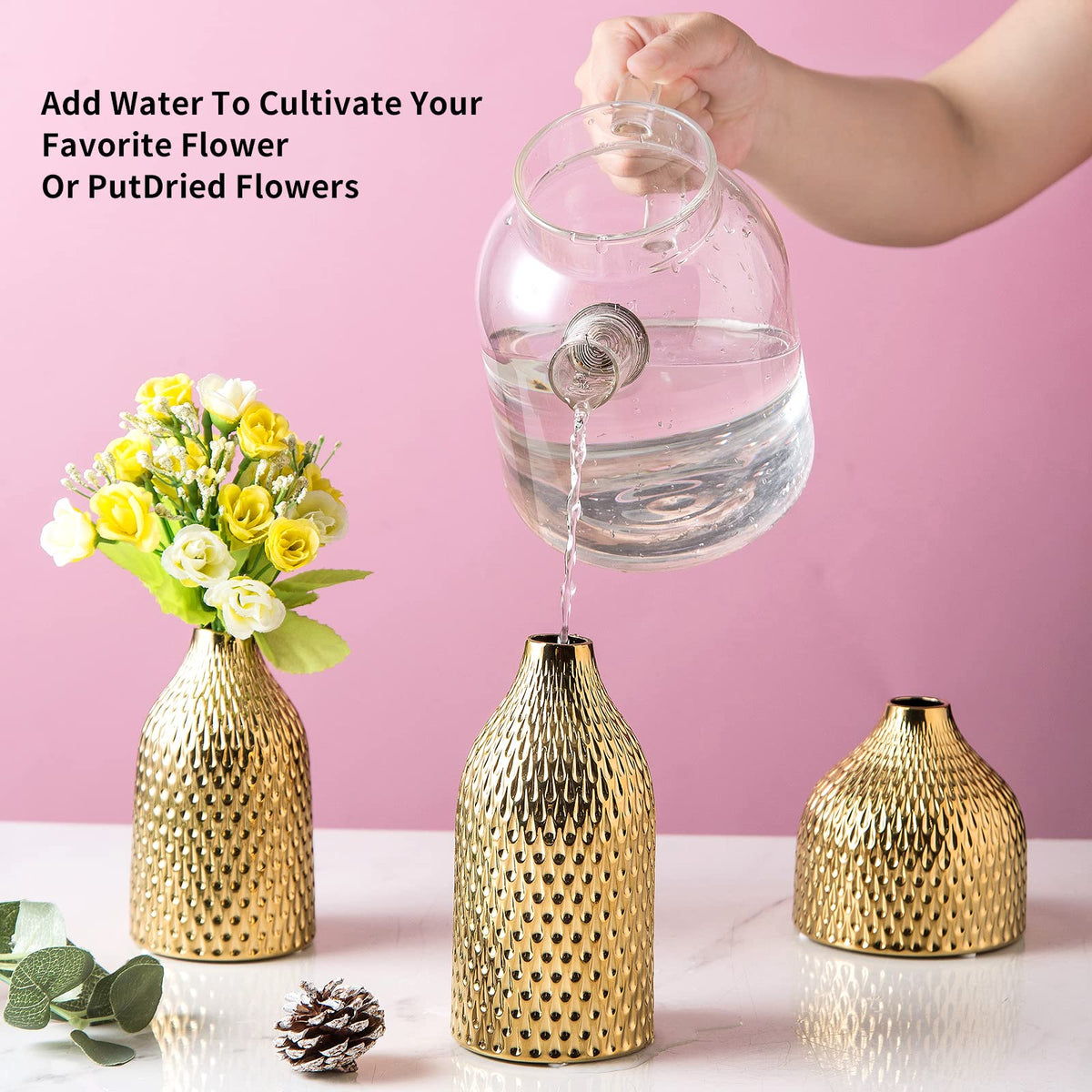 Ceramic Vase Set - 3 Small Vases, Luxurious Home Decor, Great for Centerpieces; Ideal Shelf Décor, Table Décor, Bookshelf, Mantle, Entryway- Gold