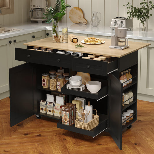 GarveeHome Rolling Kitchen Island with Drop Leaf Countertop, Charging Station & Ample Storage - 47.2 in Mobile Kitchen Cart On Wheels with Pull-Out Shelves, Drawers, Spice Rack & Organizer Divider