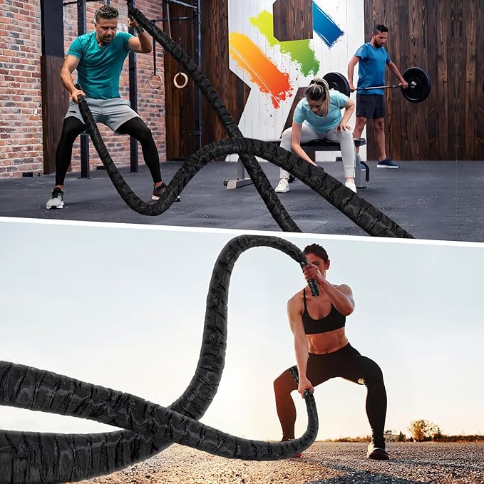 Battle Rope Workout Equipment 1.5 Inch Diameter 30FT Exercise Heavy Weighted Diameter Battle Rope with Protective Cover Exercise Equipment Core Strength Training