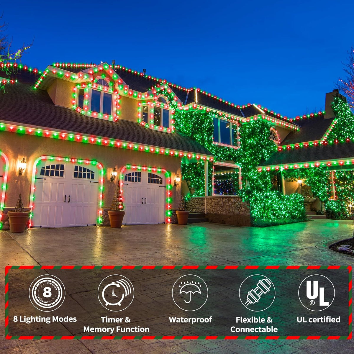 Skiennix 50ft LED Rope Lights - Waterproof Connectable Tube Lights with 8 Modes | Red & Green for Indoor/Outdoor Decor