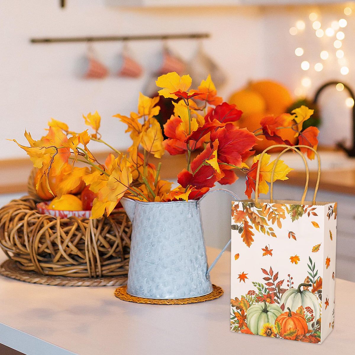 JarThenaAMCS 24Pcs Fall Kraft Paper Gift Bags Pumpkin Maple Leaves Treat Bags with Handles Grocery Shopping Bags Candy Goodie Bags for Autumn Thanksgiving Baby Shower Birthday Party Favors Supplies