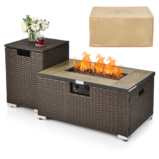 Tangkula 2 Piece Outdoor Propane Fire Pit Table Set with Hideaway Propane Tank Holder, 40,000 BTU Rattan Wicker Fire Pit Table with Lava Rocks, Waterproof Cover, Ideal for Backyard, Patio (Brown)