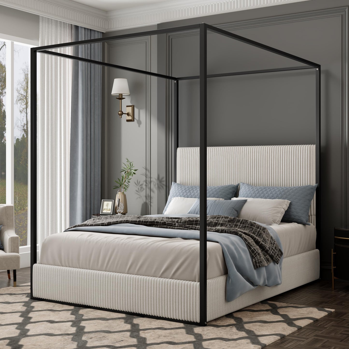Merax Modern Luxury King Metal Canopy Bed with Tall Upholstered Headboard, Gold Four Poster Bed, No Box Spring Needed, White