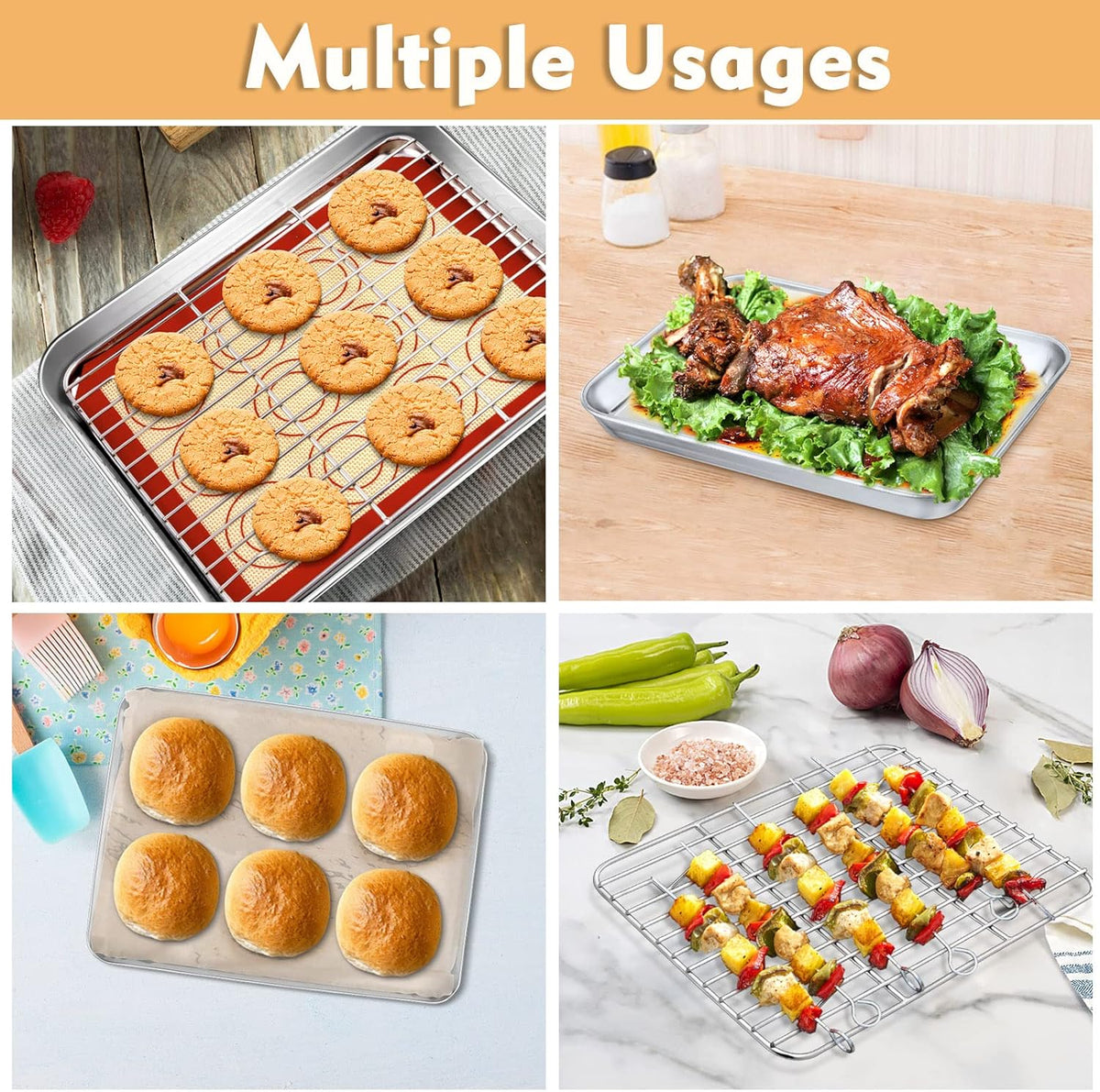 P&P CHEF 9-Inch Baking Sheet Pan Set - Stainless Steel Tray with Rack & Silicone Mat, Dishwasher Safe