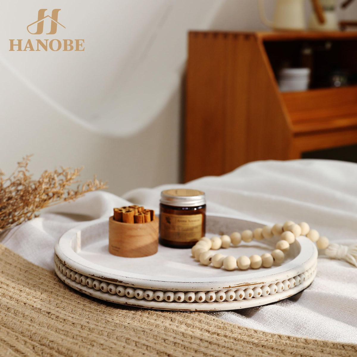 Hanobe Candle Tray Holder Decorative: Round Coffee Table Home Decor Centerpiece Boho White Serving Trays for Living Room Kitchen