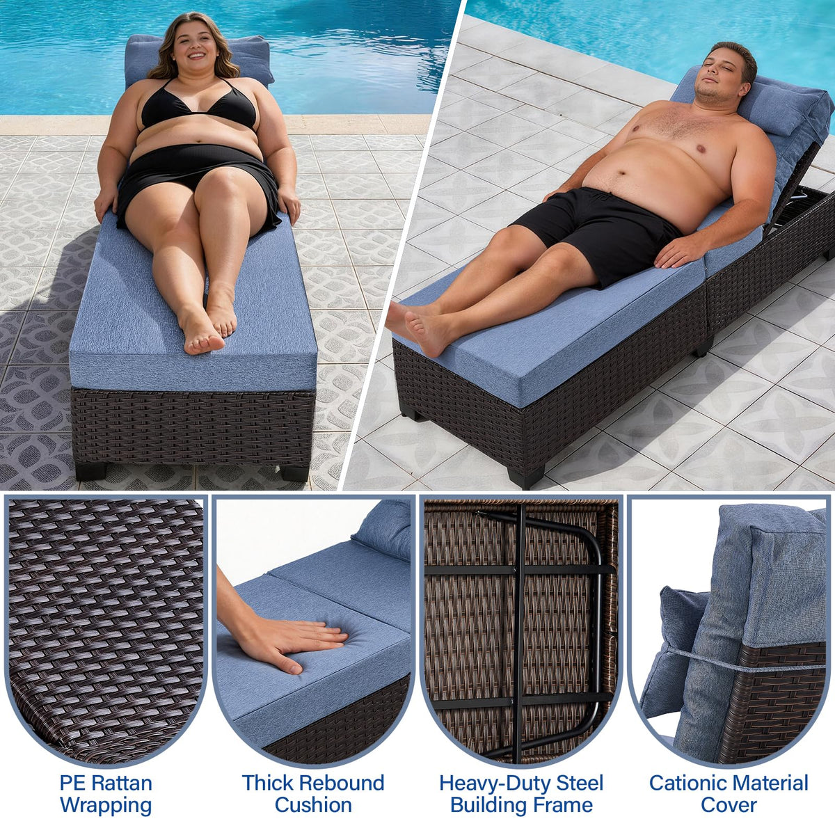 Ligescel Outdoor Chaise Lounge Chair, Patio Rattan Adjustable Recliner with 5-Inch Thick Cushion, Heavy Duty Metal Lounger for Pool Beach Yard (Blue)