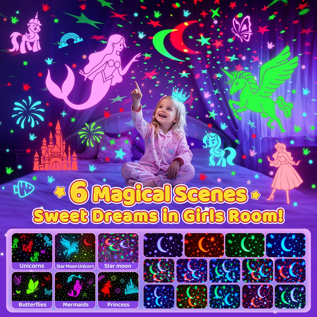 Onefire Girls Toys for Girl Gifts, 6 Films Light Projector Unicorn Toys for Girls Age 4-6, Rechargeable Night Lights for Bedroom, 360° Rotating Butterfly Decor Mermaid Gifts Princess Baby Toddler Toys