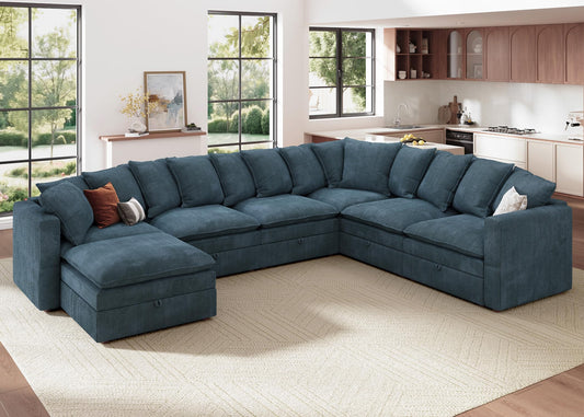 HONBAY Modular Sectional Sofa with Ottoman, 7 Seat U Shaped Couch with Storage & Pillows, 137 Inch Oversized Sectional Sofa for Living Room, Blue