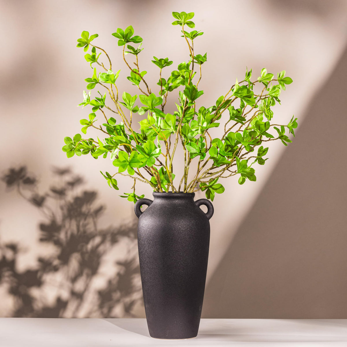 12 Inch Tall Black Ceramic Vase, with 5 Branches of 25 Inch Faux Artificial Vibrant Greenery Stems Set, Textured Minimalist Jug, Fake Stem Plants, Decorative Farmhouse, Console Table Centerpiece Decor