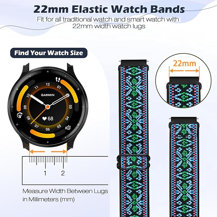 2 Pack Elastic Ankle/Arm Watch Bands Compatible with Garmin Venu 3/Venu 2/Vivoactive 4, Garmin Forerunner 570 47mm/265/255/255 Music, 22mm Sport Nylon Replacement Strap for Amazfit GTR 4/3/2