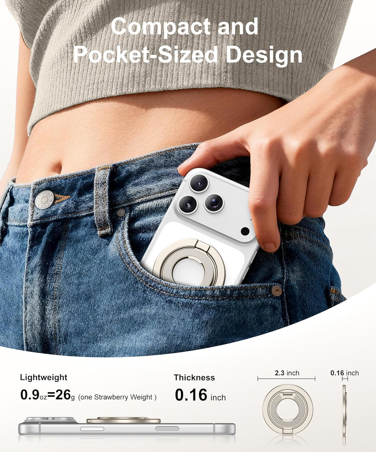 CAPRARO 360 17/16/15/14/14 Magnetic Phone Ring Holder for MagSafe, Dual-Side Magnetics, Rotation Gym Phone Stand Grip