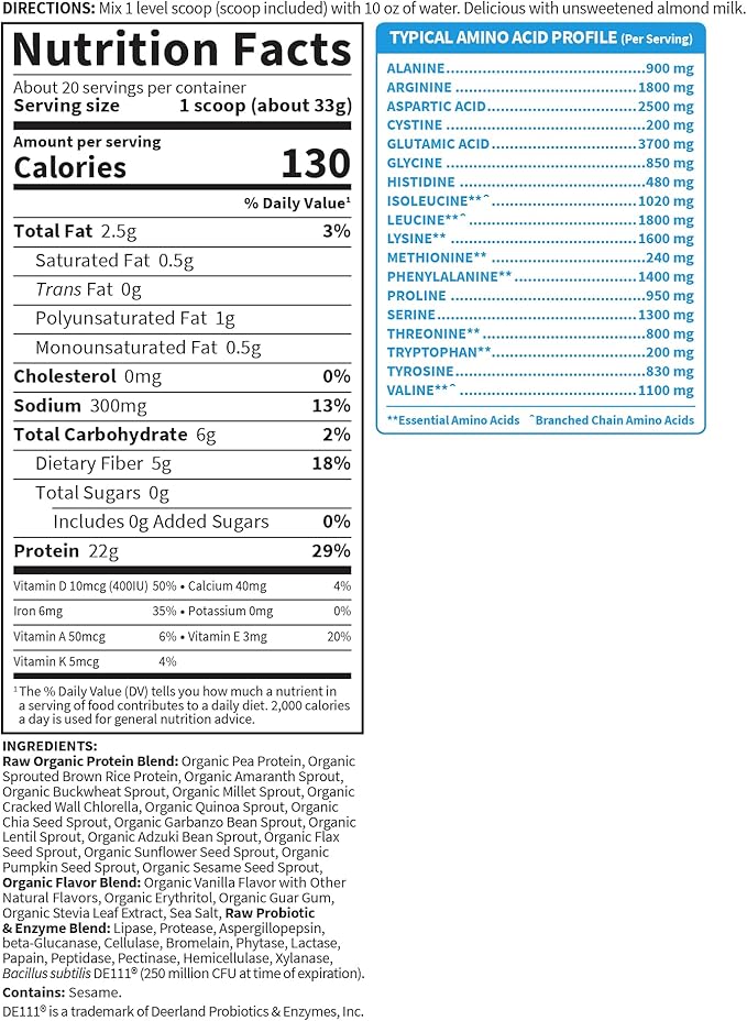 Garden of Life Protein Powder, Vegan Protein Powder, BCAA, Probiotics & Digestive Enzymes, Gluten & Lactose Free, Vanilla, 1.5 LB