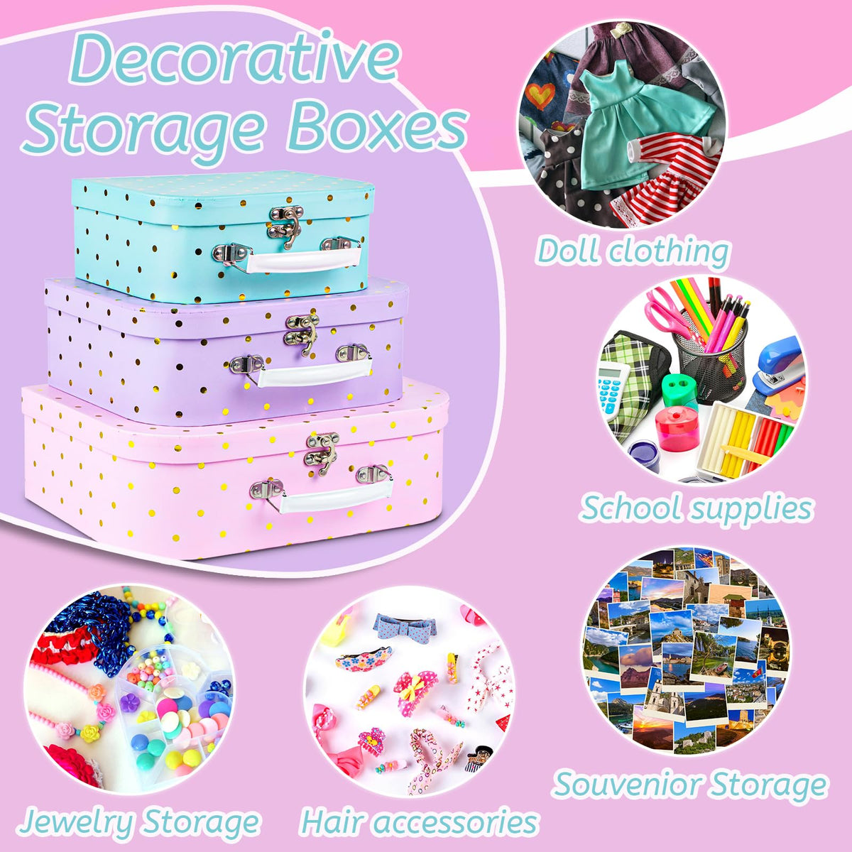 Eazy2hD Paperboard Suitcases, Set of 3 Decorative Storage Boxes Gift Boxes With Lids for Photo Storage Home Decoration, Birthday, Weddings, Anniversary - Mini Cardboard Suitcase - Gold Foil Polka Dots