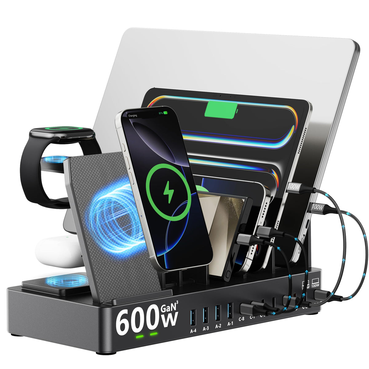 600w Charging Station for Multiple Devices, 15 in 1 Wireless Charging Station for Apple, Dual 100w USB C Tablet Charging Station for MacBook,iPhone,iPad,Tablet(Black)