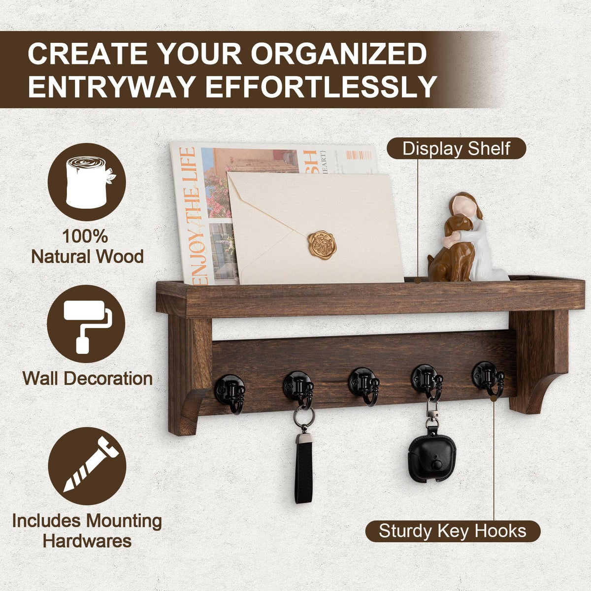 Lucundm Key and Mail Holder Wall Mount, Key Holder with Shelf and Mail Organizer Wall Mount. Mail Holder with 5 Hooks for Coat, Dog Leash, Home Decor Rack, Entry Way Organizer (Brown)