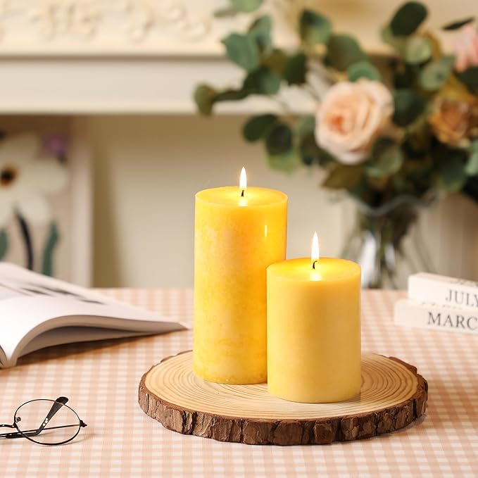 3x4 inch Yellow Pillar Candles Set of 3, Unscented Pillar Candle, Dripless and Smokeless Large Candles, Candle for Home Decor, Dinner Table,Weddings, Holidays