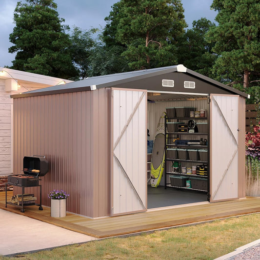 Aoxun 10x8 FT Shed with Floor Heavy-Duty Galvanized Steel Outdoor Storage Shed with Double Doors, Ventilated Weatherproof Design for Bike/Generator/Tool Organization (Brown with Floor)