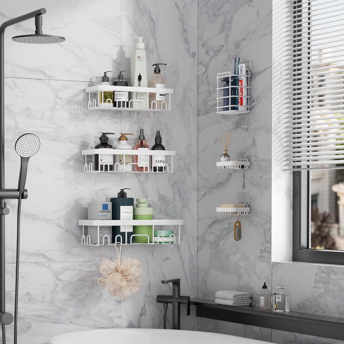 Veken Shower Caddy - 6-Pack Rustproof & Waterproof Adhesive Shelves | Large Bathroom Organizer in White