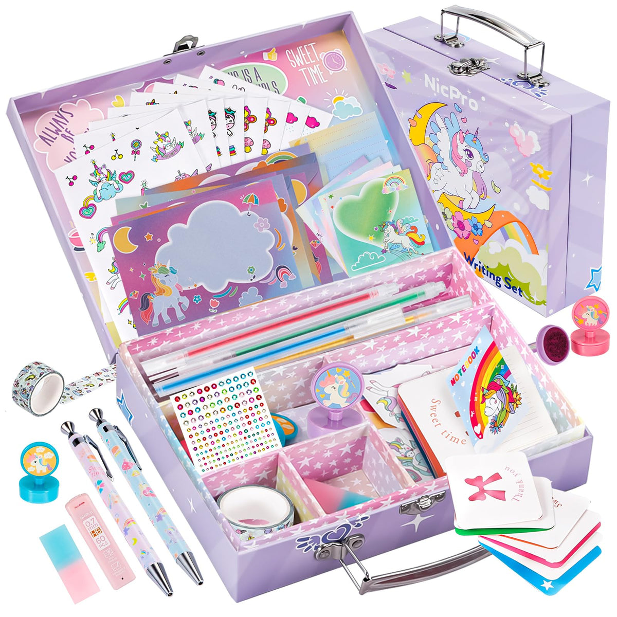 Nicpro 62PCS Unicorn Stationary Set For Girls,Unicorn Kid Toys for Aged 6-10 Years Old, Cute Stationery Supplies Letter Writing Kit Gift for 5,6,7,8,9,10 - Little Girls Ideal Christmas Birthday Gifts
