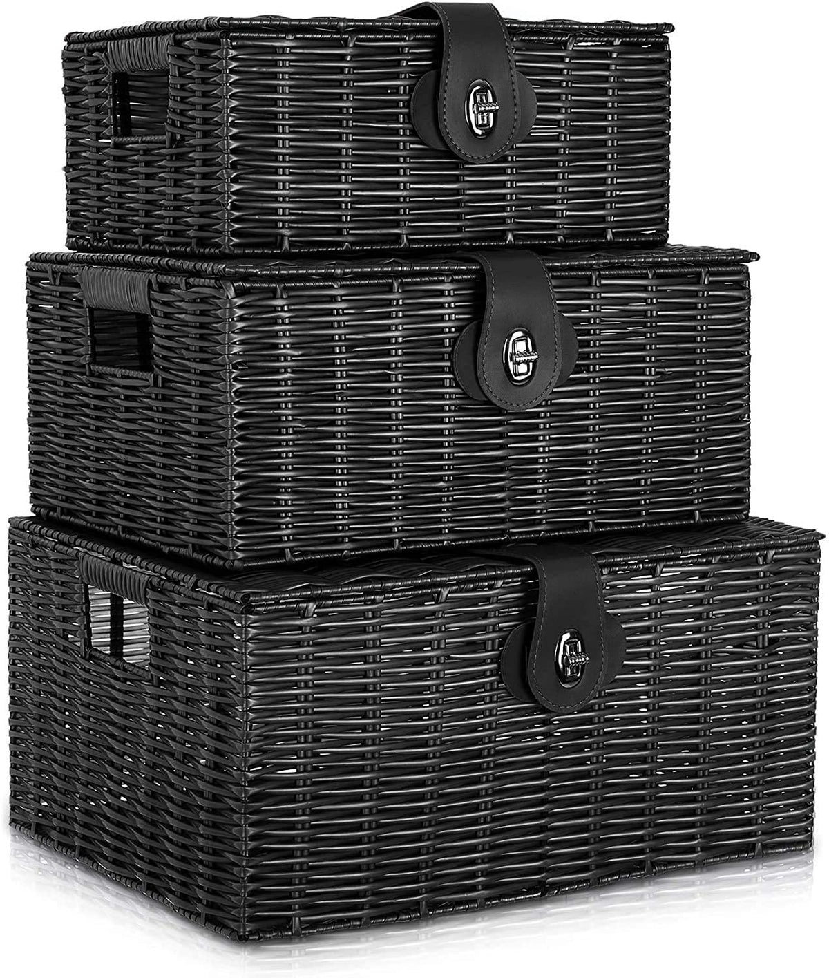Homepeaz Set of 3 Woven Wicker Storage Basket Box with Lids & Lock, Built-in Carry Handles, Multifunctional Storage Organizer for Nursery, Baby, Clothes, Toys, Books, Large/Medium/Small Size (Black)