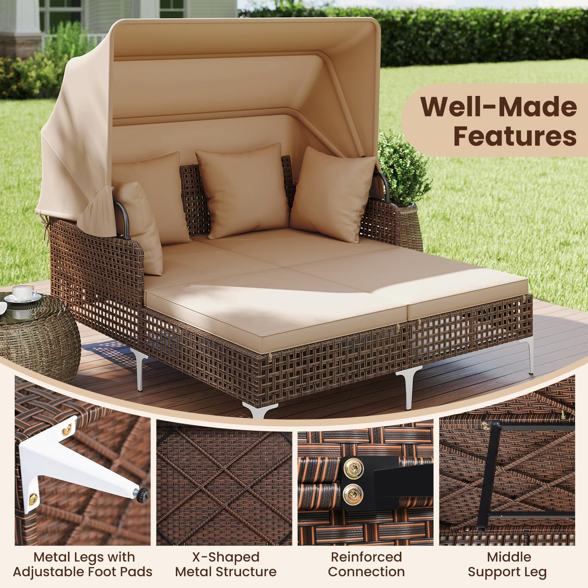 Tangkula Outdoor Rattan Daybed with Retractable Canopy, Boho Patio Wicker Sunbed with Metal Support, Pillows & Cushions, Outdoor Double Chaise Lounge with Shade for Backyard, Poolside, Deck & Balcony
