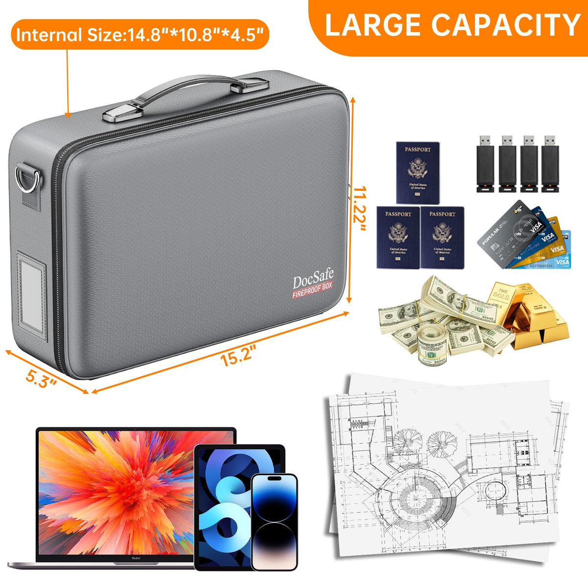 DocSafe Fireproof Document Box with Lock＆Shoulder Strap,Hard Case File Organizer with Accordion File Folder,Multi-Layer Portable Home Office Travel Safe Storage for Important Documents Laptop Gray