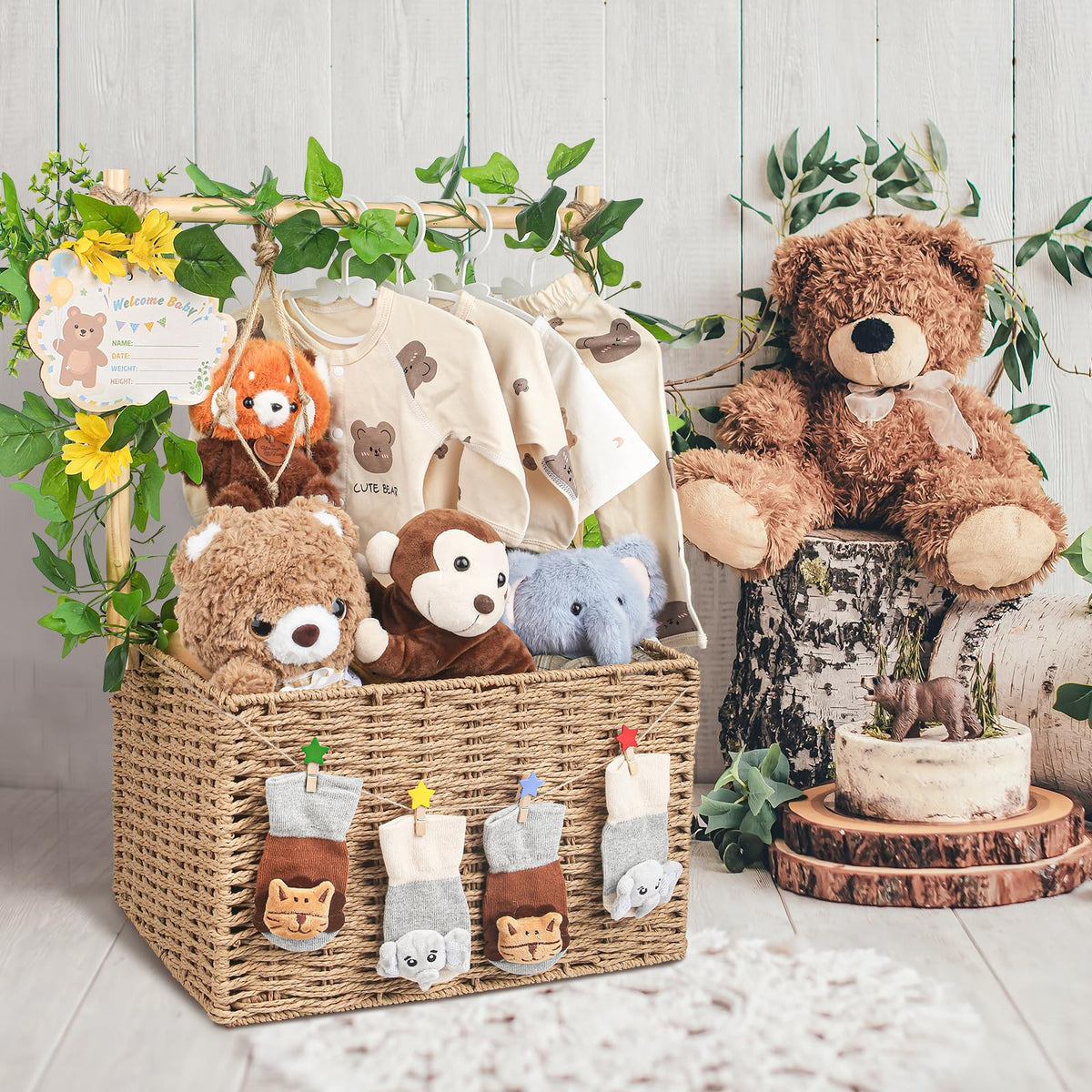 Wisreach Wooden Woven Baby Shower Crate – Foldable Storage Basket with Handles, Handwoven Gift Box for Baby Shower & Newborn Essentials, Welcome Gift for Baby Shower, Newborn Boys Girls