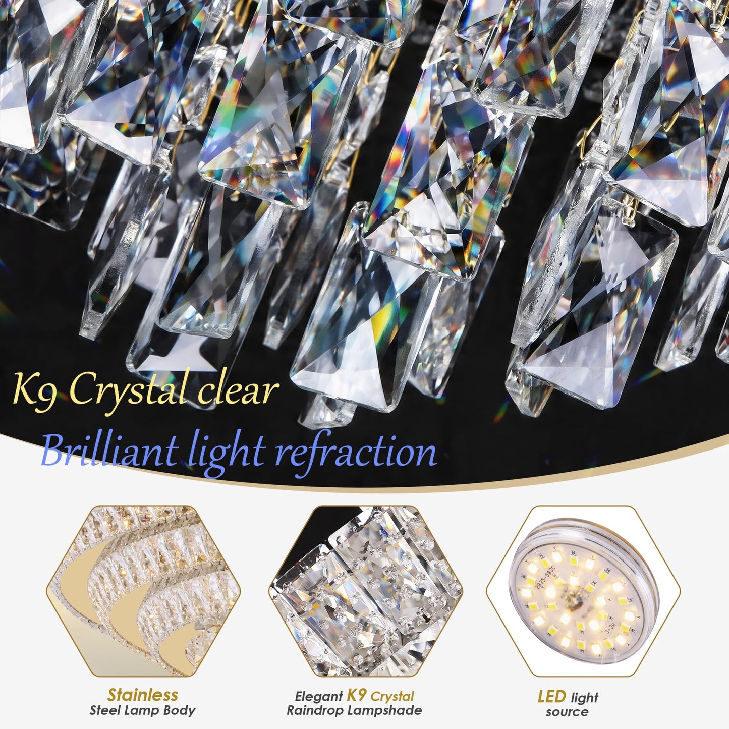 30 inch Flush Mount Crystal Chandeliers with Remote and APP Gold, Modern Elegant LED Crystal Raindrop Ceiling Light Fixture, 3CCT Dimmable, for Living Room Kitchen Island Bedroom Entryway Foyer