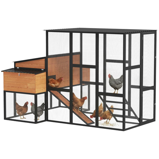 PawHut 105" Large Chicken Coop, Walk-in Wooden Hen House for 7-12 Hens, Poultry Cage Chicken House with Run, 2 Nesting Boxes, Roosting Bars, Waterproof Roof and Ramp, Yellow
