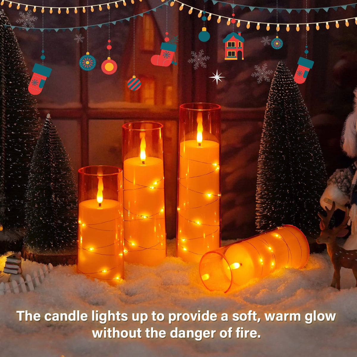 kakoya Flameless LED Candles with Timer 5 Pc Flickering Flameless Candles for Romantic Ambiance and Home Decoration Stable Acrylic Shell,with Embedded Star String，Battery Operated Candles（Orange）