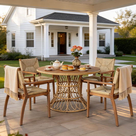 Merax 5-Piece Outdoor Dining Set, 47.24'' Round Acacia Wood Table & 4 Wicker Armchairs, Patio Furniture Set for Garden Balcony Deck, Teak Finish