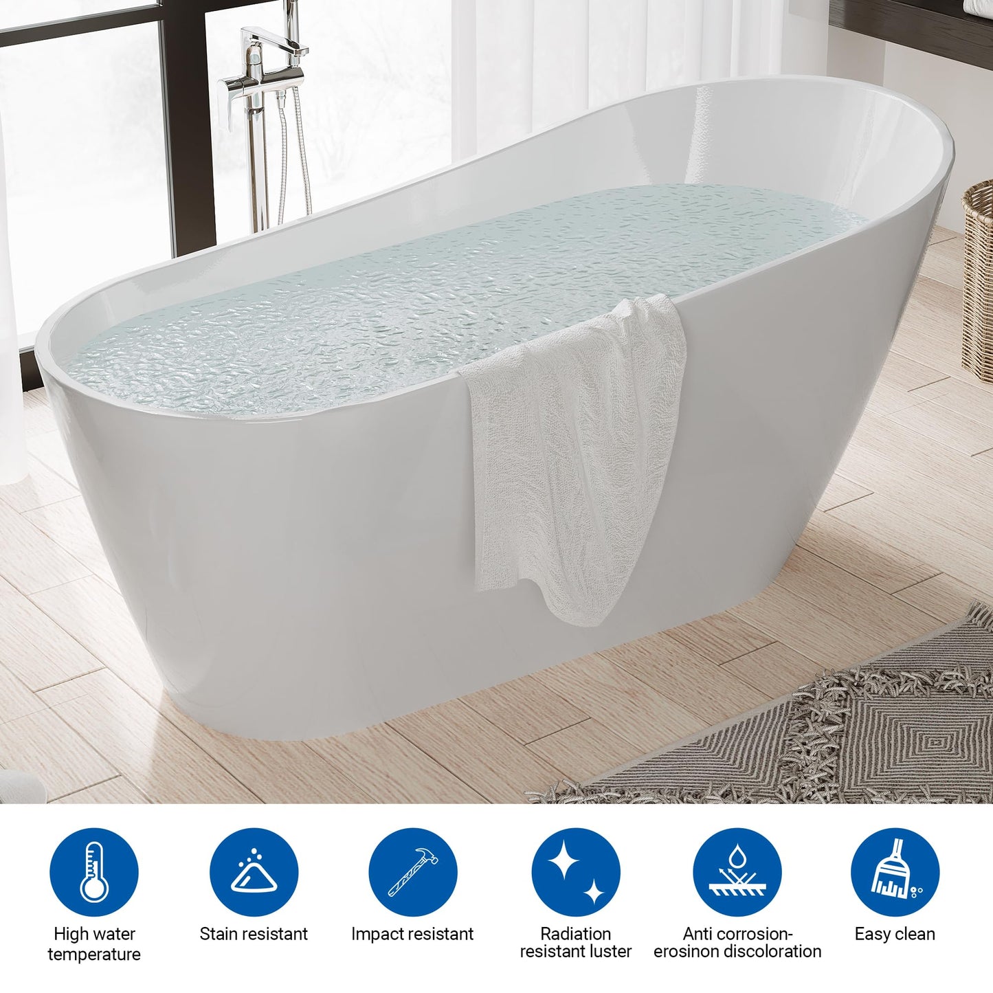 67" Acrylic Freestanding Bathtub, Modern Freestanding Tub with Chrome Drain & Overflow, Glossy White, Home Spa