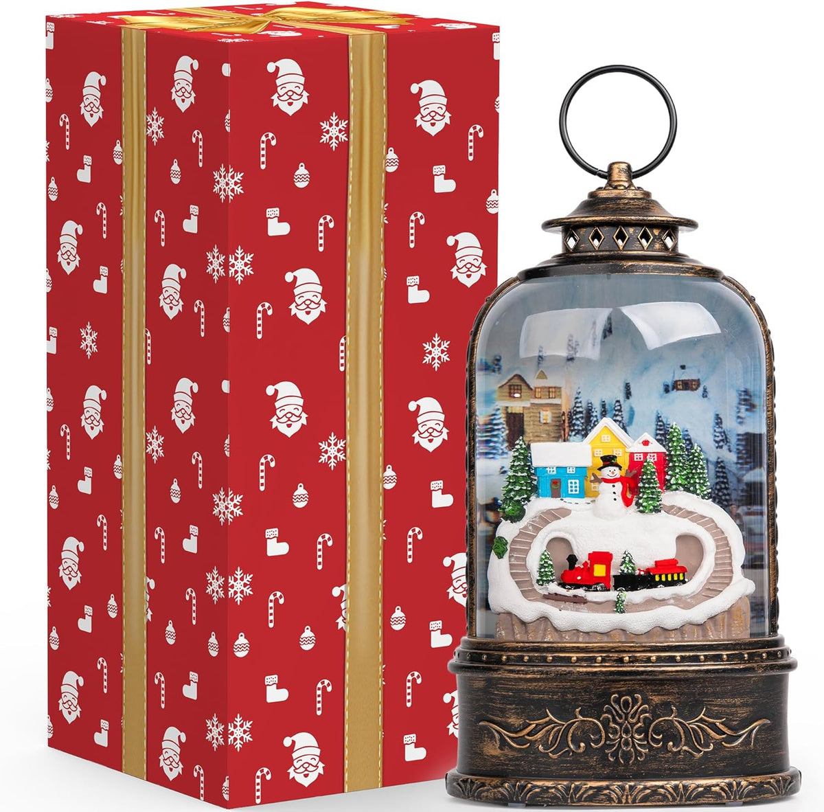 Skiennix Christmas Snow Globe Lantern - Glittering Snowman & Train with Music | USB & Battery Operated