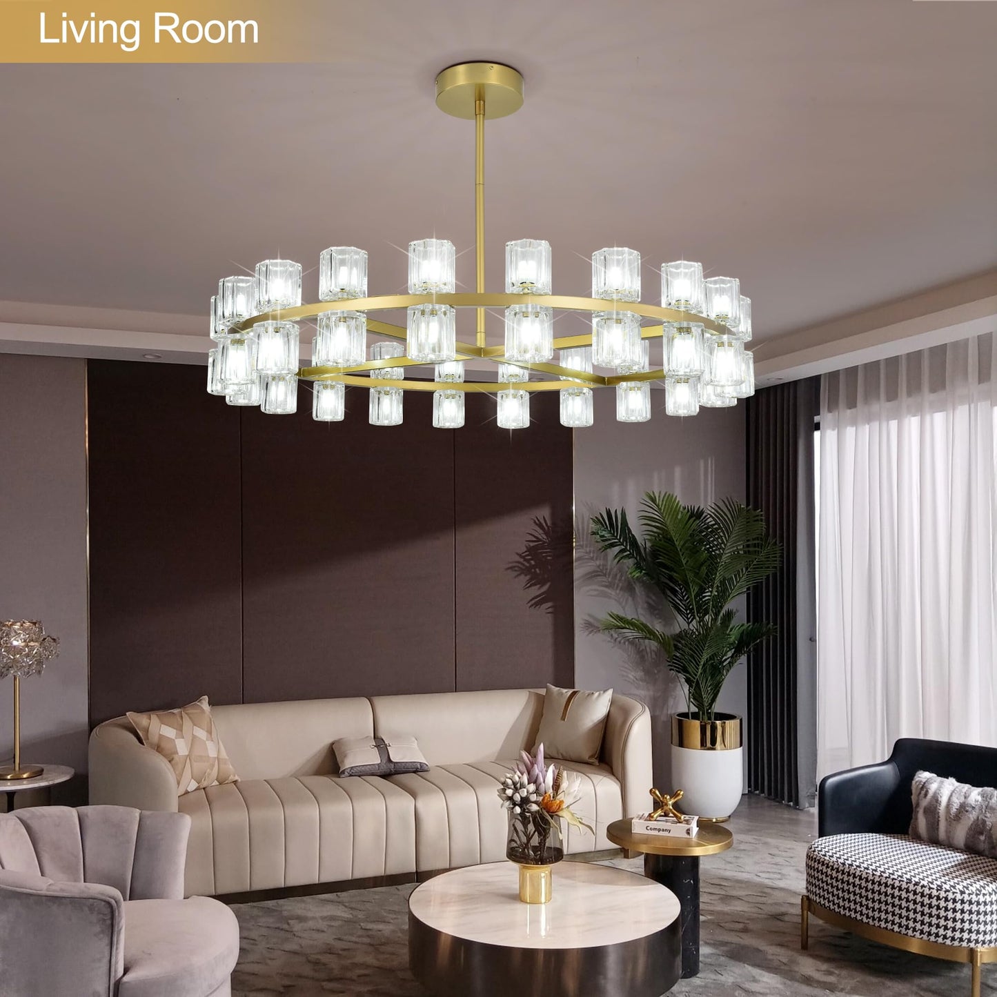 Leadtek 31.5 Inch Gold Wagon Wheel Chandelier, Modern Farmhouse Chandelier with K9 Crystal Chandelier Shade, for Dining Room Light Fixture, Kitchen Island, Entryway, Foyer