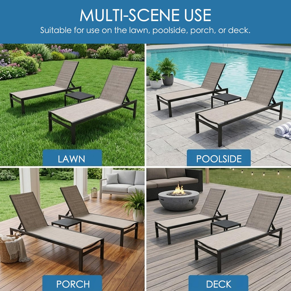 Kozyard 2-Piece Outdoor Chaise Lounge, Powder-Coated Aluminum Frame and Textilene Fabric, Adjustable Reclining Patio Lounger for Poolside, Sunbathing & Backyard (Beige)