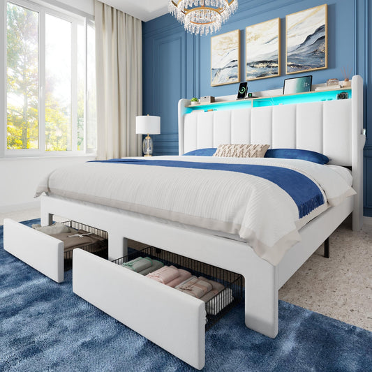 Allewie Velvet Vertical Tufted Queen Upholstered Platform Bed Frame with 2-Tier LED Storage Headboard & 2 Storage Drawers, USB & Type-C Charging Ports, Noise-Free/No Box Spring Needed, White