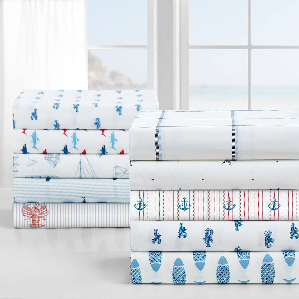 Nautica - Twin XL Size Sheet Set, Crisp Cotton Percale Bedding with Matching Pillowcase, Fully Elastic Fitted Sheet, Deep Pocket, Nautical Room Decor, Breathable All-Season Comfort (Whale Stripe Blue)