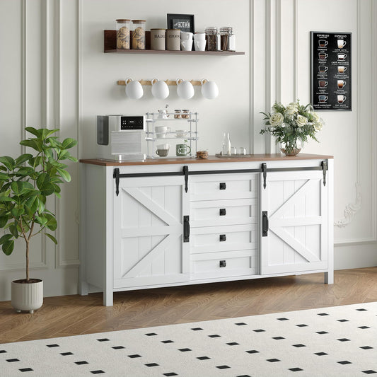 Garvee Farmhouse Sideboard Buffet Cabinet with Sliding Barn Doors & 4 Drawers, 60" Rustic Wood Kitchen Coffee Bar Storage Cabinet for Dining Room Living Room, TV Stand & Console Table