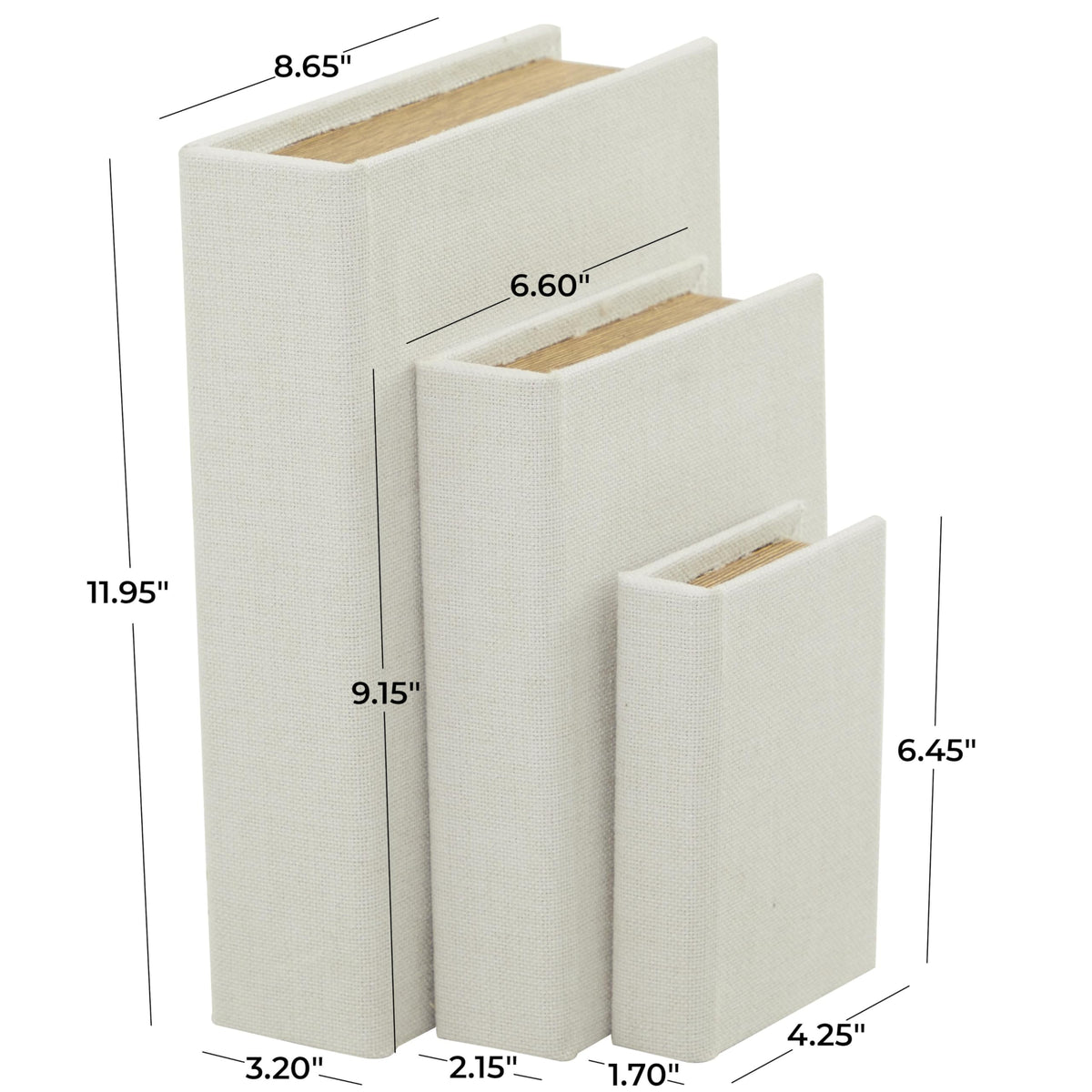 Deco 79 Linen Fabric Decorative Box Faux Storage Book Book Shaped Boxes, Set of 3 Decorative Keepsake Boxes 12", 9", 6"H, White